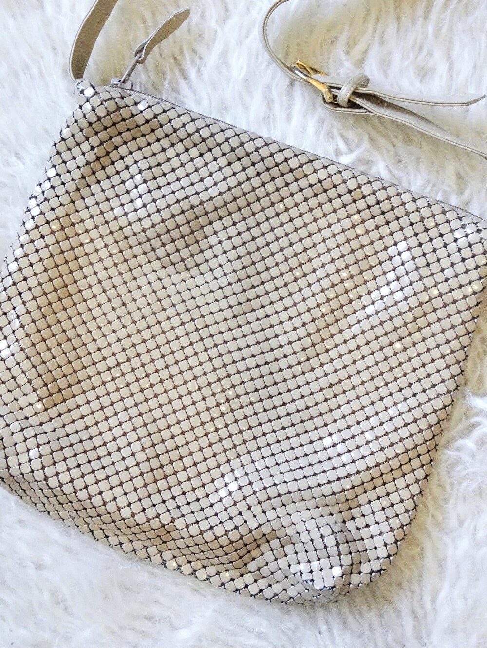 Tan Metallic Chainmail Mesh Shoulder Bag w/ Gold Buckle